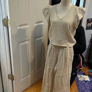 Women's Cream Gauze V-Neck Jumpsuit with Flutter Shoulders